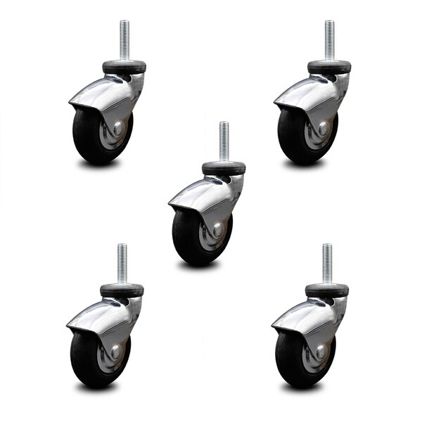 3 Inch Bright Chrome Hooded Neoprene Rubber 10mm Threaded Stem Casters SCC, 5PK